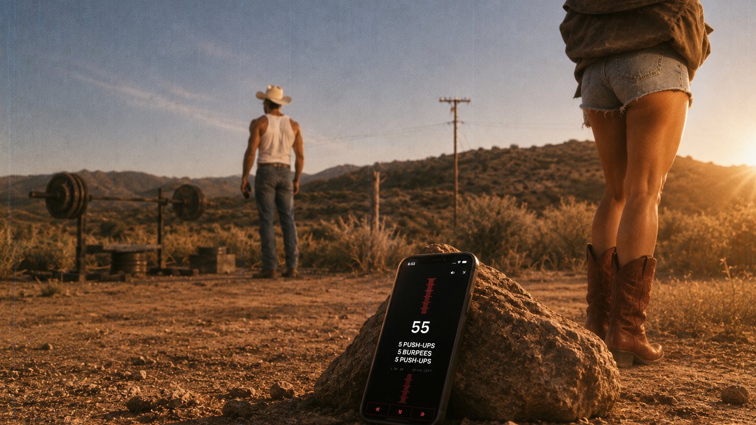 The phone propped against a rock in the desert at sunset, a round running