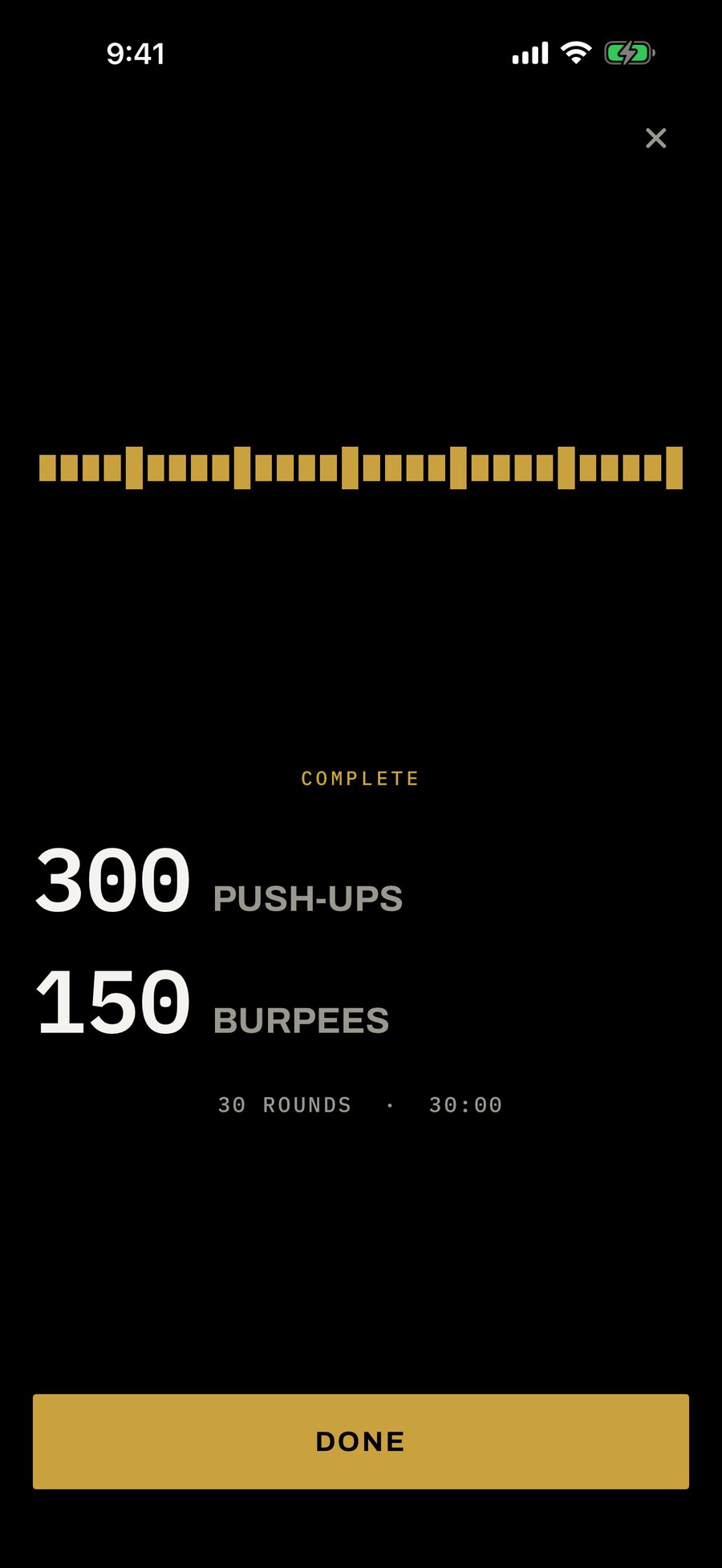 The completion screen showing reps counted per movement