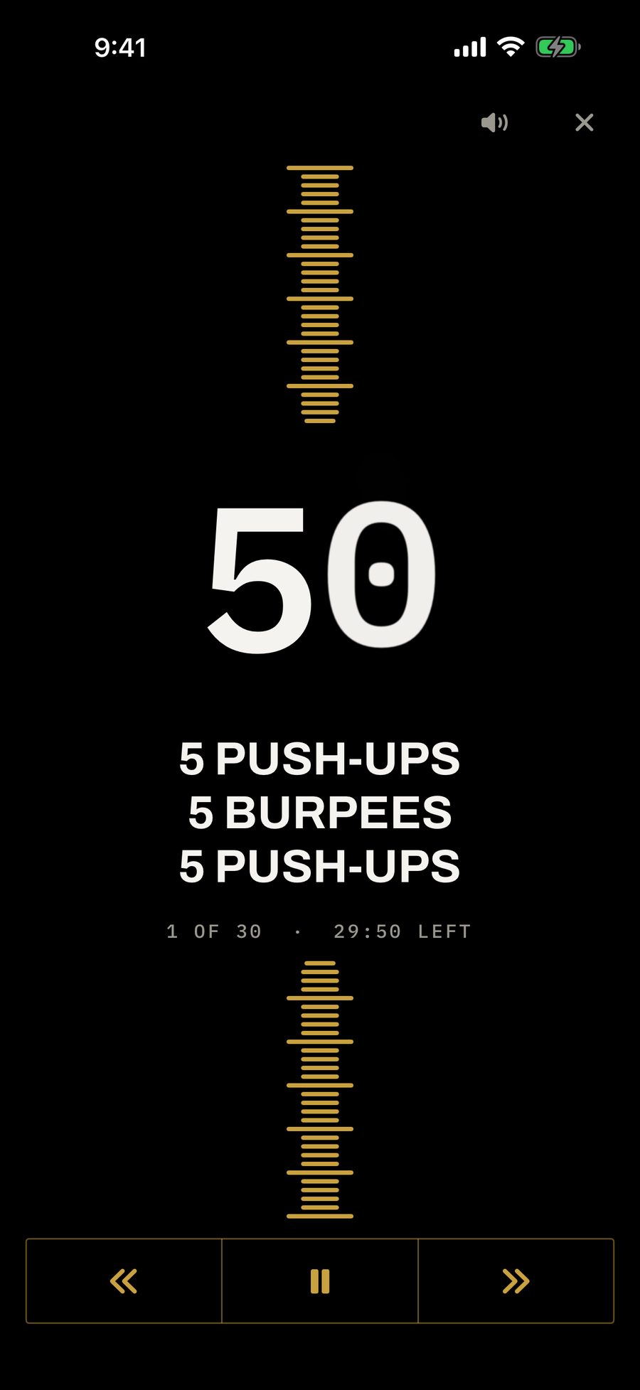 The Insanity Wolf workout screen, counting down inside a minute
