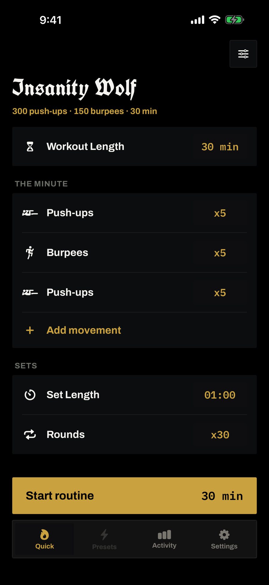 The setup screen, where the sequence and the interval are edited