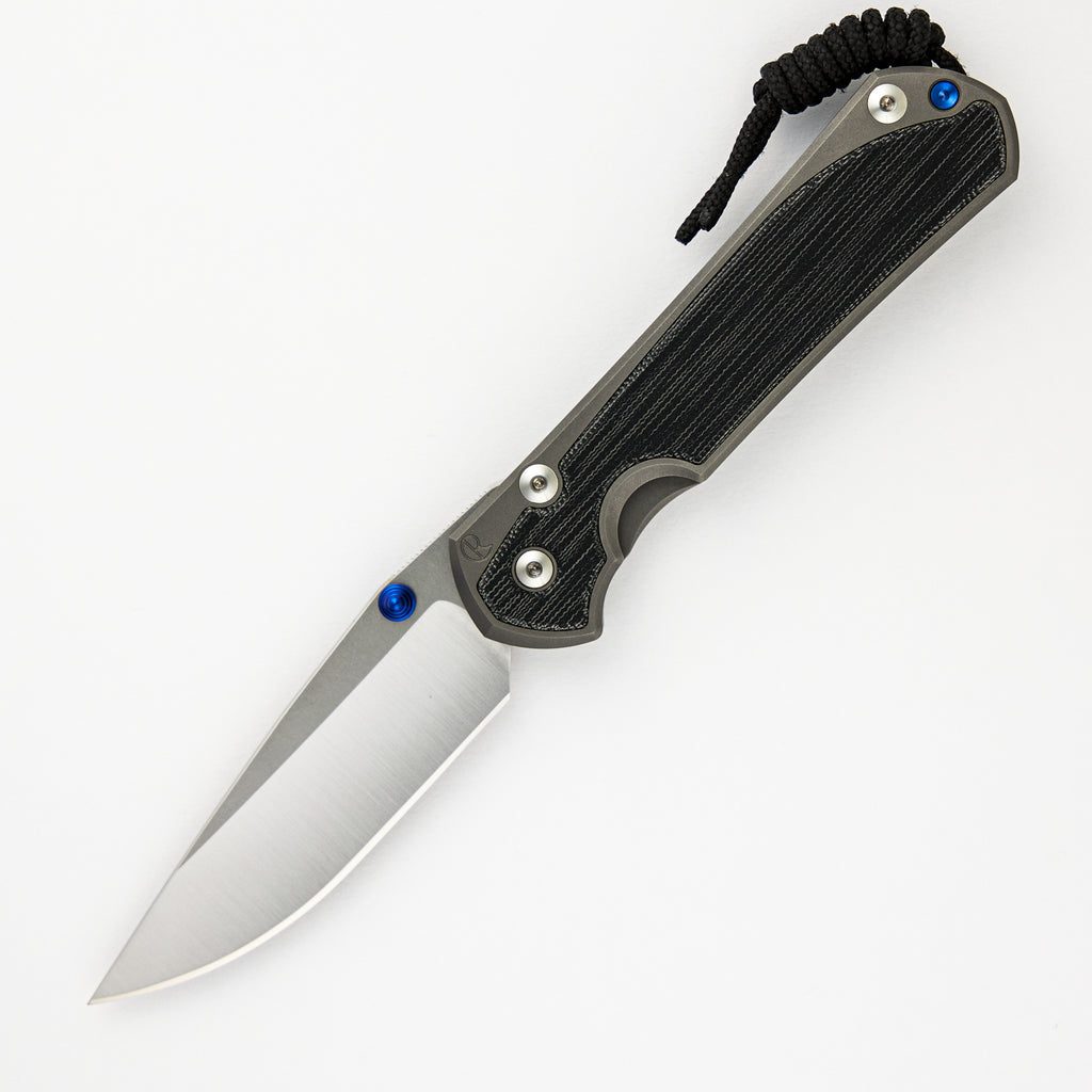 Large Sebenza 31 - Black Canvas Micarta Inlay - Polished Drop Point CPM MagnaCut Blade - Blue Double Thumb Lugs