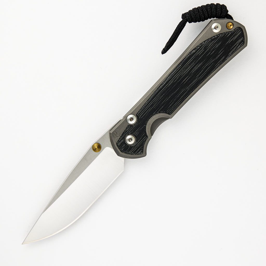 Large Sebenza 31 Black Canvas Micarta Inlay – Polished CPM MagnaCut Blade – Glass Blasted - Gold Double Thumb Lugs