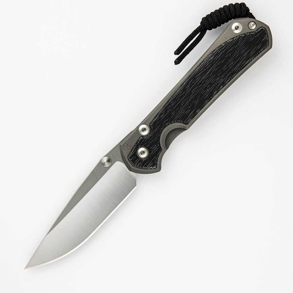 LARGE SEBENZA 31 BLACK CANVAS MICARTA INLAY – POLISHED CPM MAGNACUT BLADE – GLASS BLASTED - SILVER DOUBLE THUMB LUGS