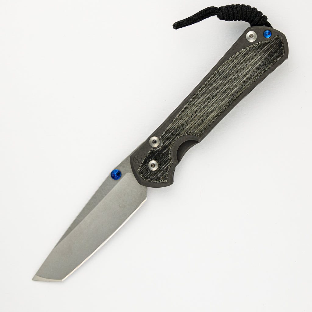 Large Sebenza 31 - Black Canvas Micarta Inlay - Tanto CPM MagnaCut Blade - Blue Double Thumb Lugs