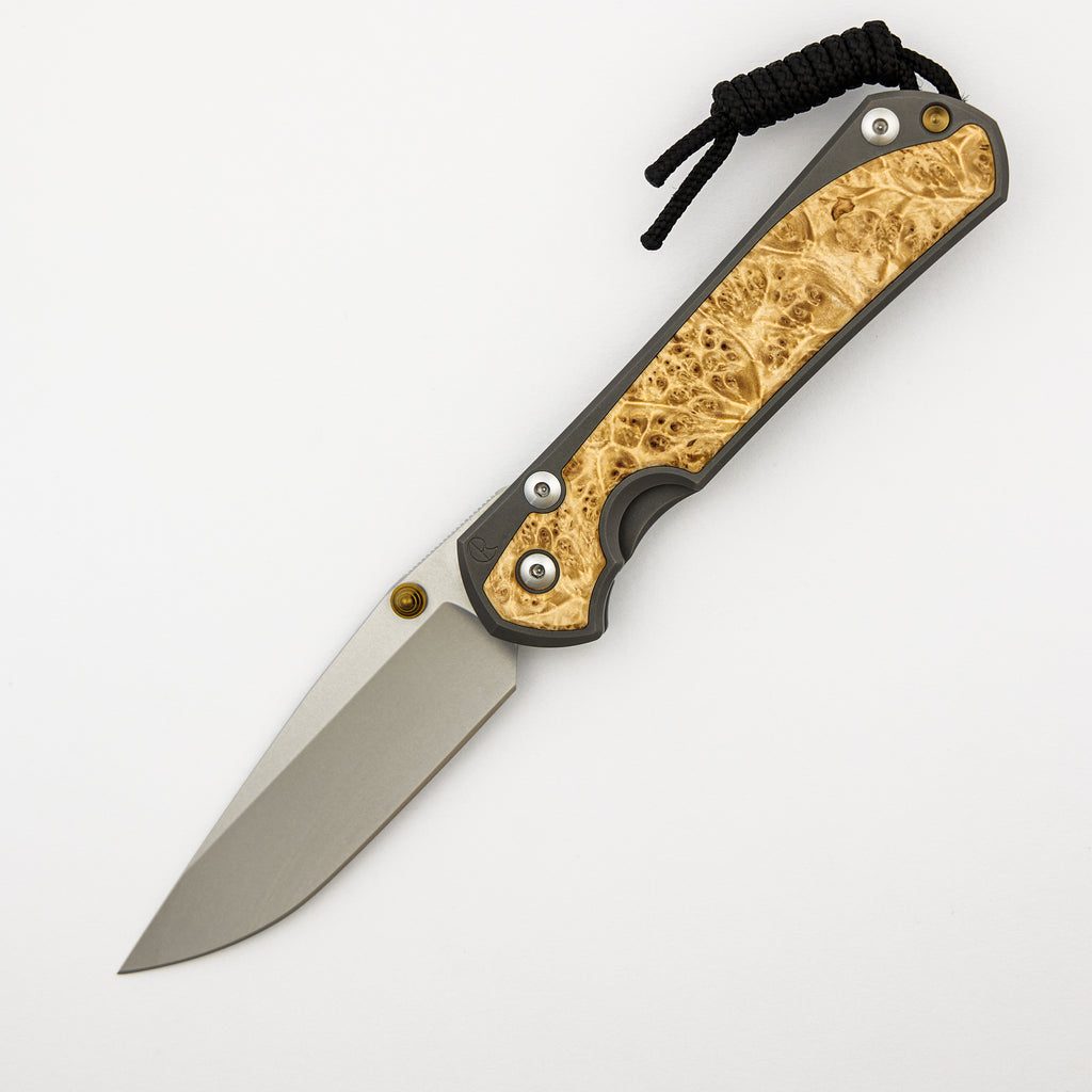 Large Sebenza 31 - Box Elder Inlay - Drop Point CPM MagnaCut Blade - Gold Double Thumb Lugs