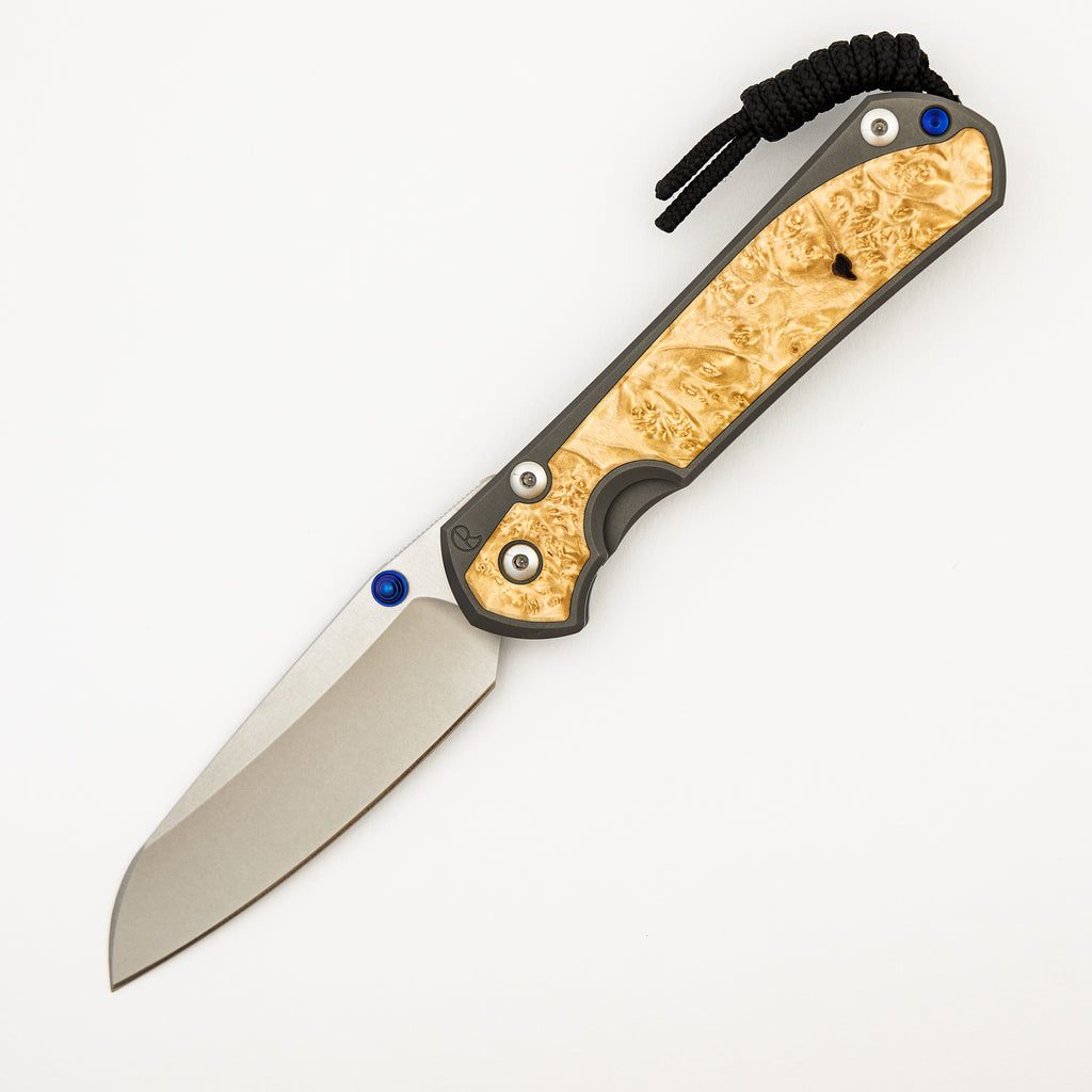 Large Sebenza 31 Box Elder Inlay - Insingo CPM MagnaCut Blade - Blue Double Thumb Lugs
