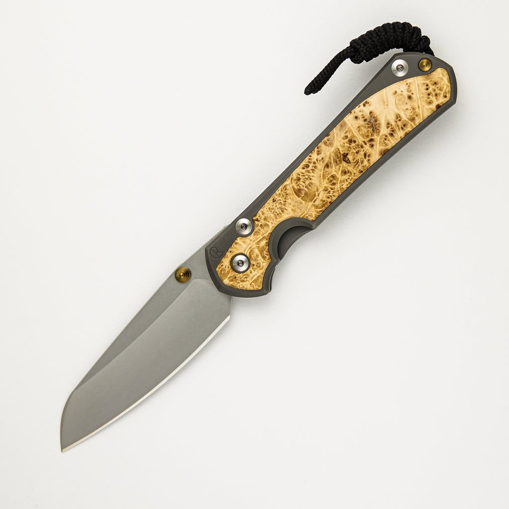 Large Sebenza 31 Box Elder Inlay - Insingo CPM MagnaCut Blade - Gold Double Thumb Lugs