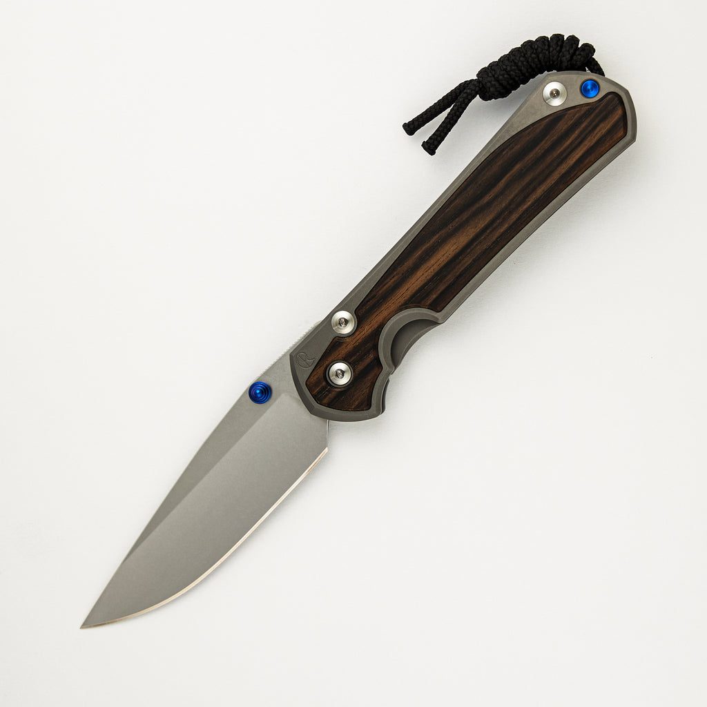 Large Sebenza 31 Macassar Inlay - CPM MagnaCut Blade - Blue Double Thumb Lugs