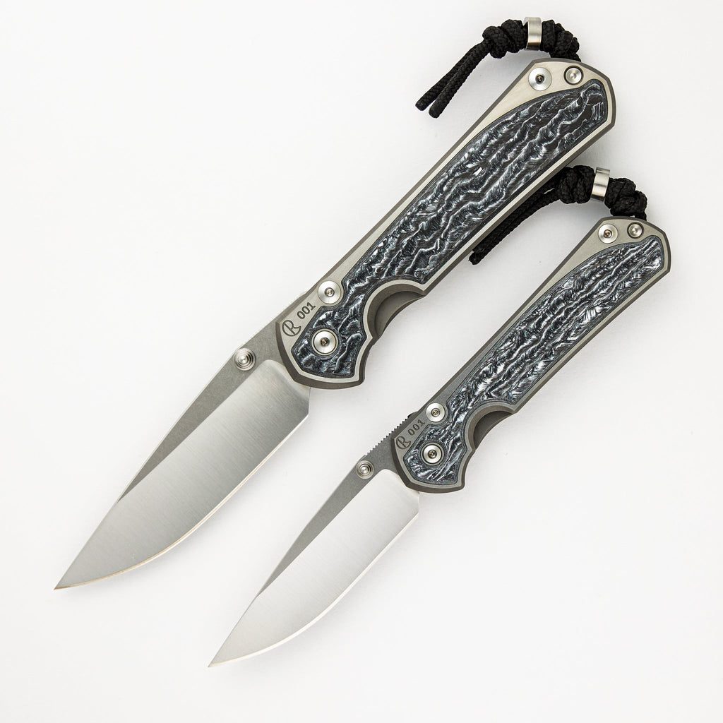 Large & Small Sebenza 31 Numbered Matched Set - White CarboTi Inlay - Polished Drop Point CPM MagnaCut Blade - Silver Double Lugs - 2024 R1 Invitational