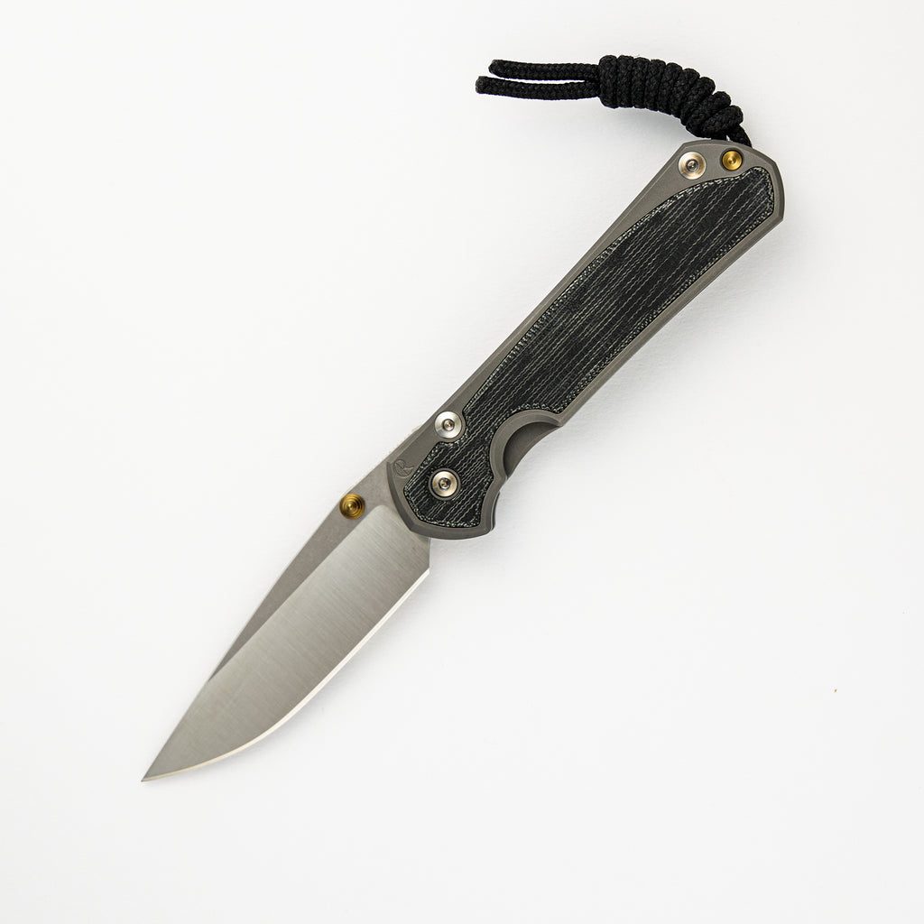 Small Sebenza 31 - Black Canvas Micarta Inlay - Polished CPM MagnaCut Blade - Glass Blasted - Gold Double Thumb Lugs