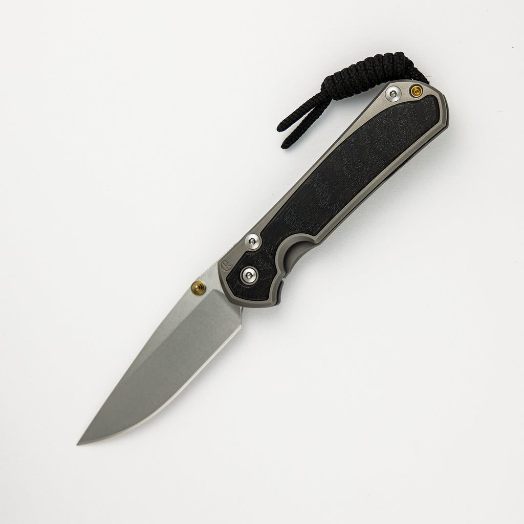 Small Sebenza 31 Bog Oak Inlay - CPM MagnaCut Blade - Gold Double Thumb Lugs