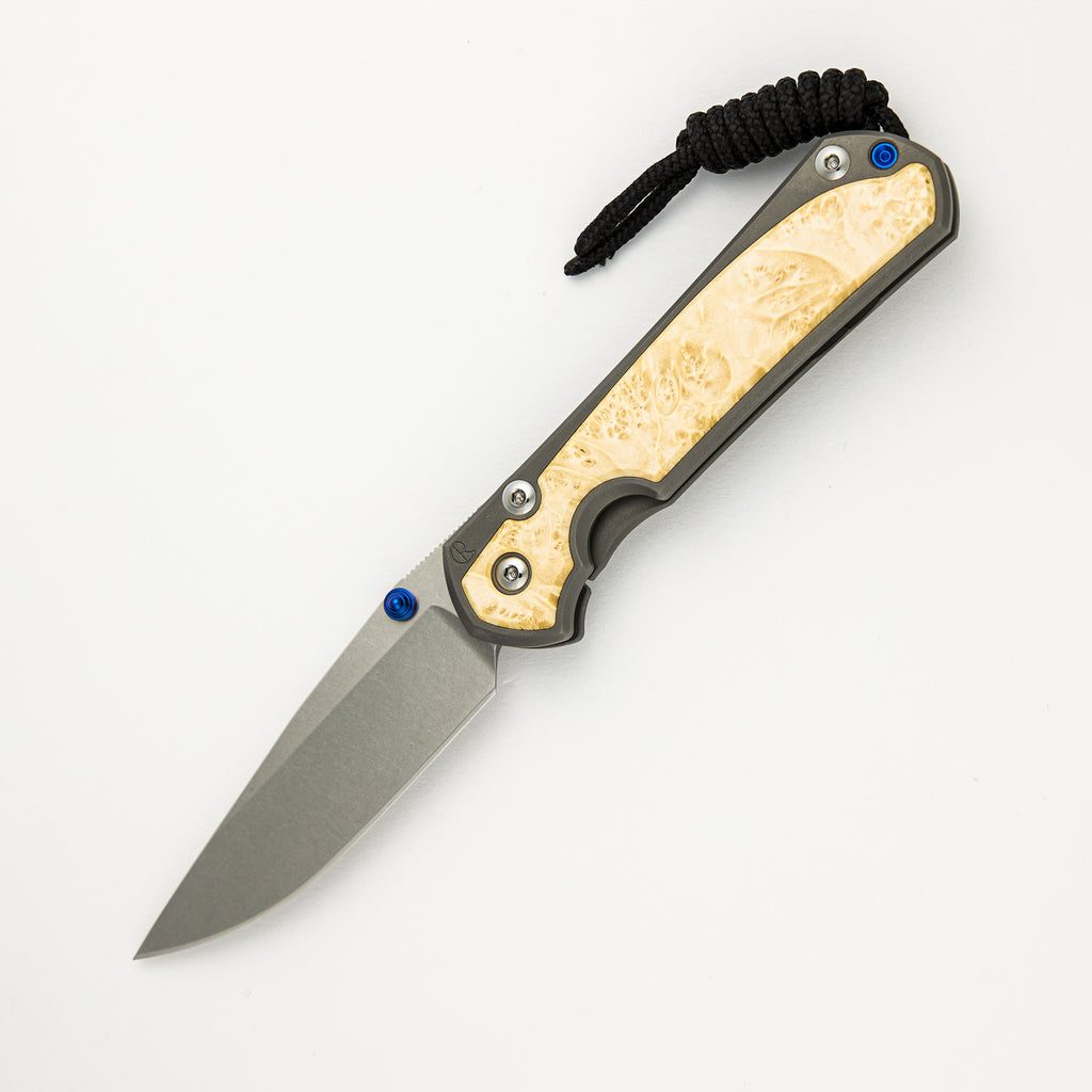 Small Sebenza 31 Box Elder Inlay - CPM MagnaCut Blade - Blue Double Thumb Lugs