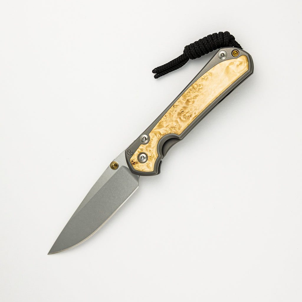 Small Sebenza 31 Box Elder Inlay - CPM MagnaCut Blade - Gold Double Thumb Lugs