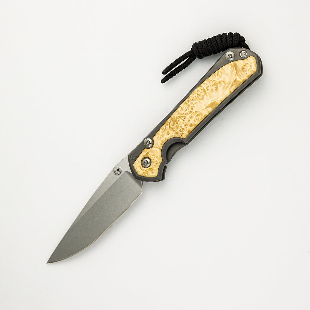 Small Sebenza 31 Box Elder Inlay - CPM MagnaCut Blade - Silver Double Thumb Lugs