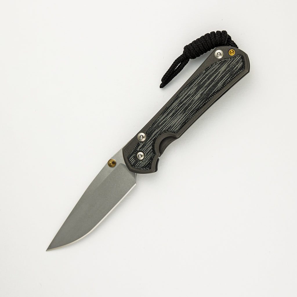 Small Sebenza 31 - Drop Point CPM MagnaCut Blade - Black Canvas Micarta Inlays - Gold Double Thumb Lugs