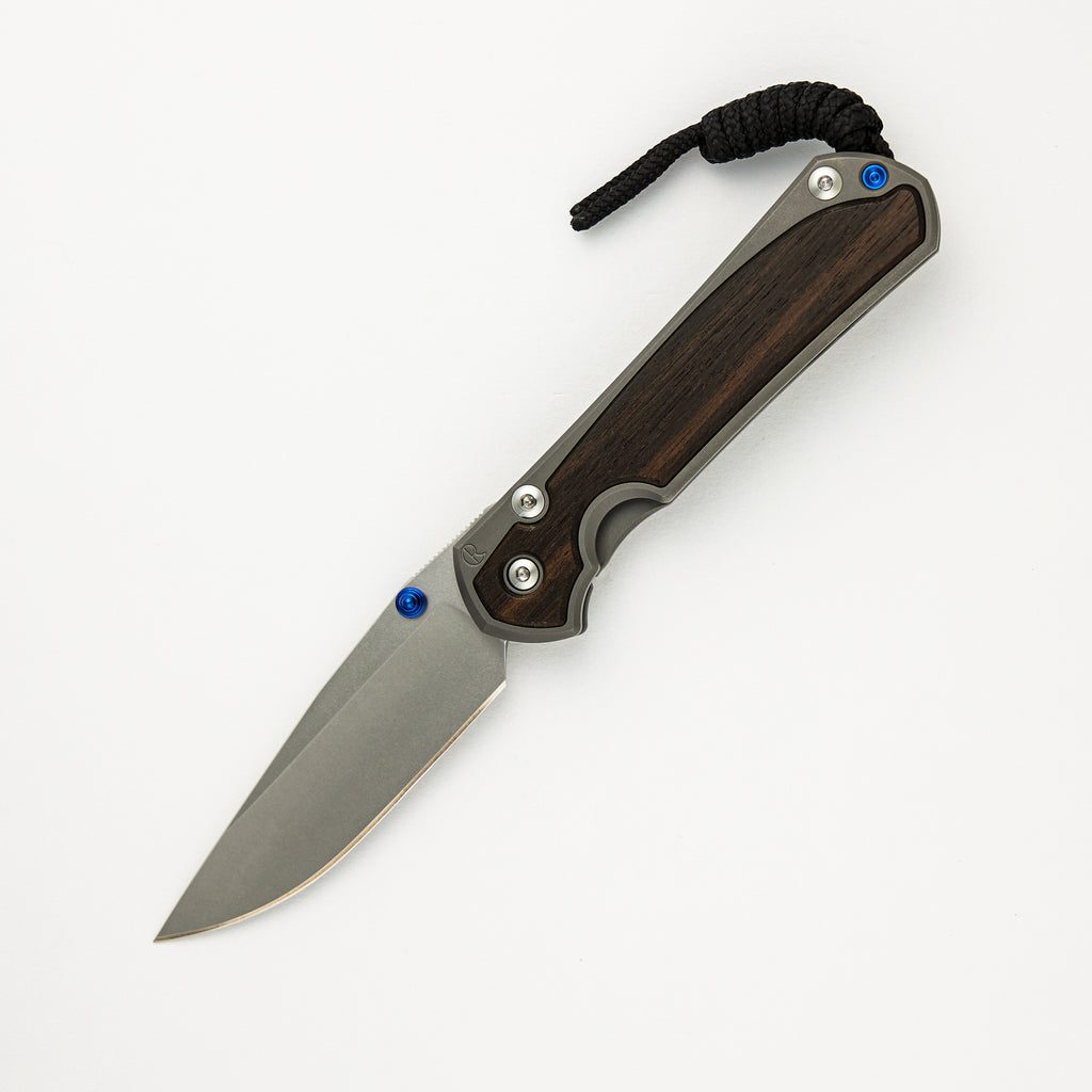 Small Sebenza 31 Macassar Ebony Inlay - Drop Point CPM MagnaCut Blade - Blue Double Thumb Lugs