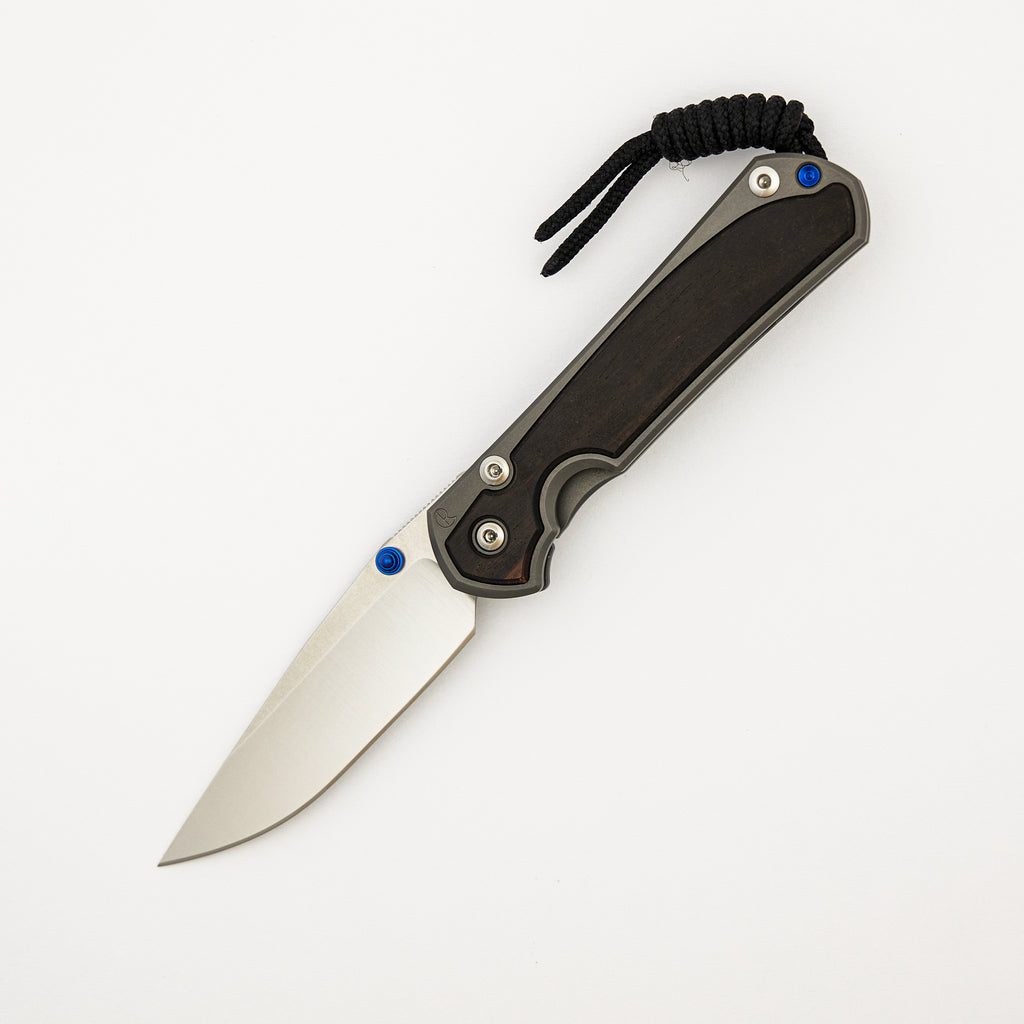 Small Sebenza 31 - Macassar Ebony Inlay - Drop Point Polished CPM MagnaCut Blade - Blue Double Thumb Lugs