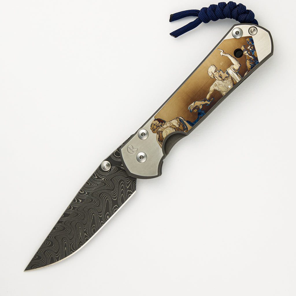 Large Sebenza 21 CAD Custom - Drop Point Chad Nichols "Ripple" Blade - Silver Single Thumb Lug