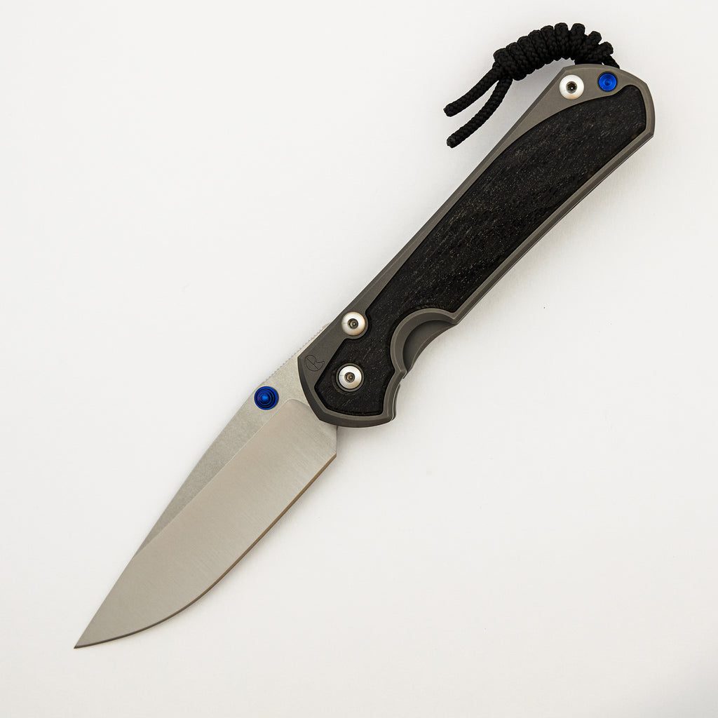 Large Sebenza 31 - Bog Oak Inlay - Drop Point Polished CPM MagnaCut Blade - Blue Double Thumb Lugs