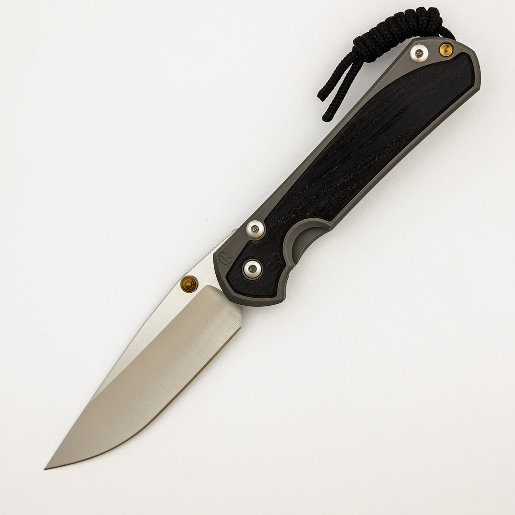 Large Sebenza 31 - Bog Oak Inlay - Drop Point Polished CPM MagnaCut Blade - Gold Double Thumb Lugs