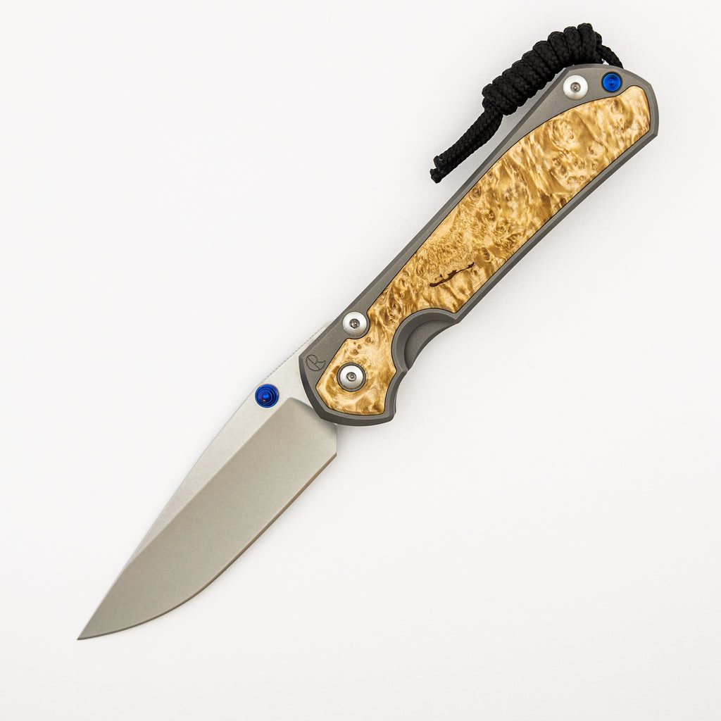 Large Sebenza 31 - Box Elder Inlay - Drop Point CPM MagnaCut Blade - Blue Double Thumb Lugs