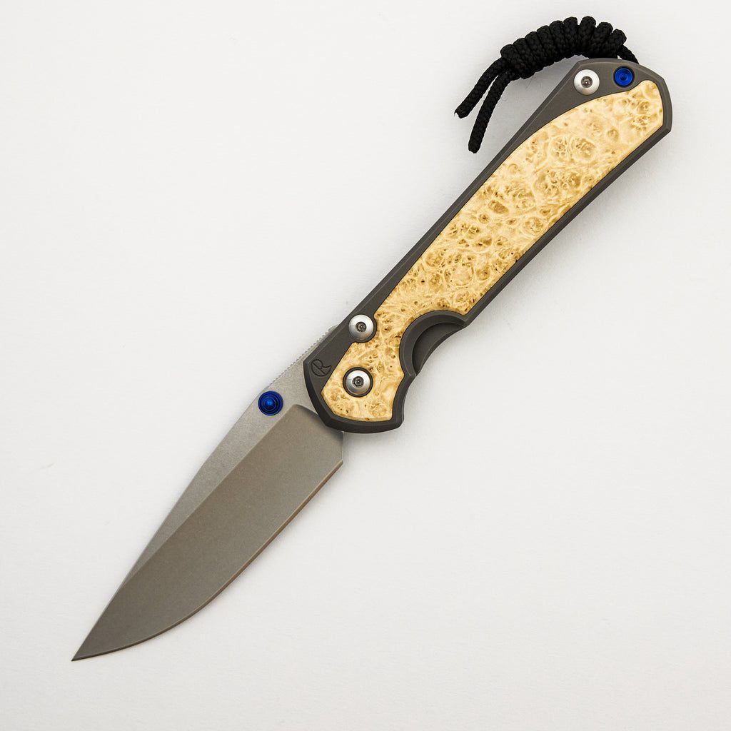 Large Sebenza 31 - Box Elder Inlay - Drop Point CPM MagnaCut Blade - MIM Clip - Blue Double Thumb Lugs