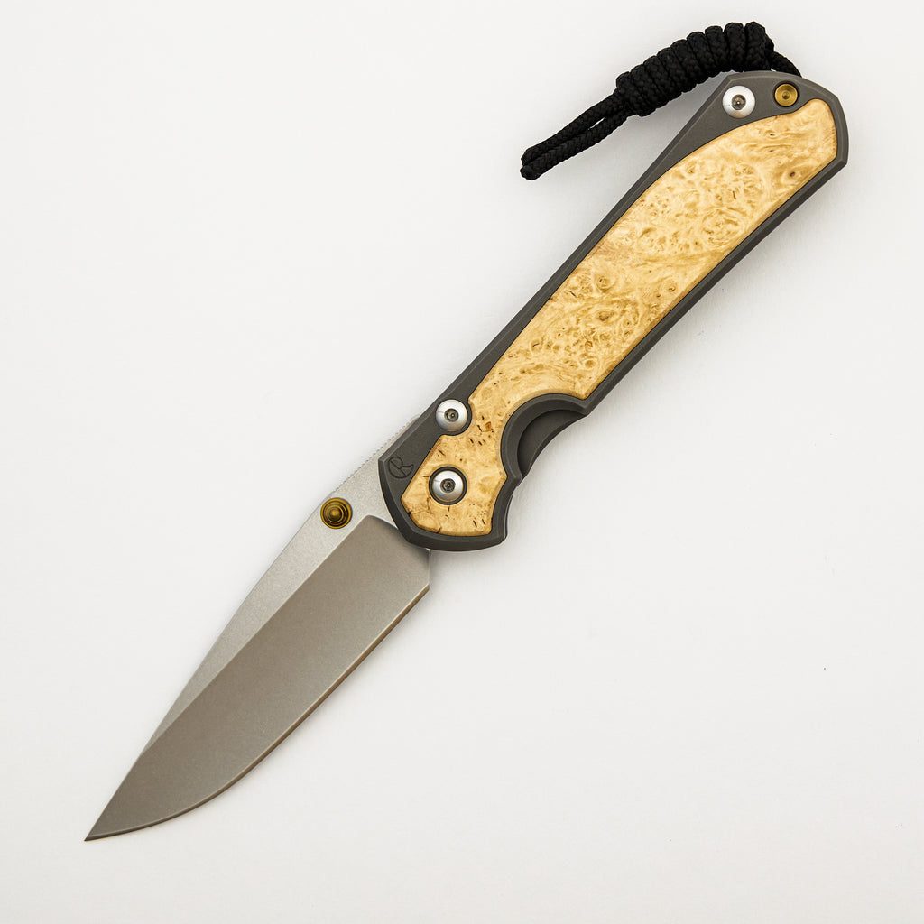 Large Sebenza 31 - Box Elder Inlay - Drop Point CPM MagnaCut Blade - MIM Clip - Gold Double Thumb Lugs