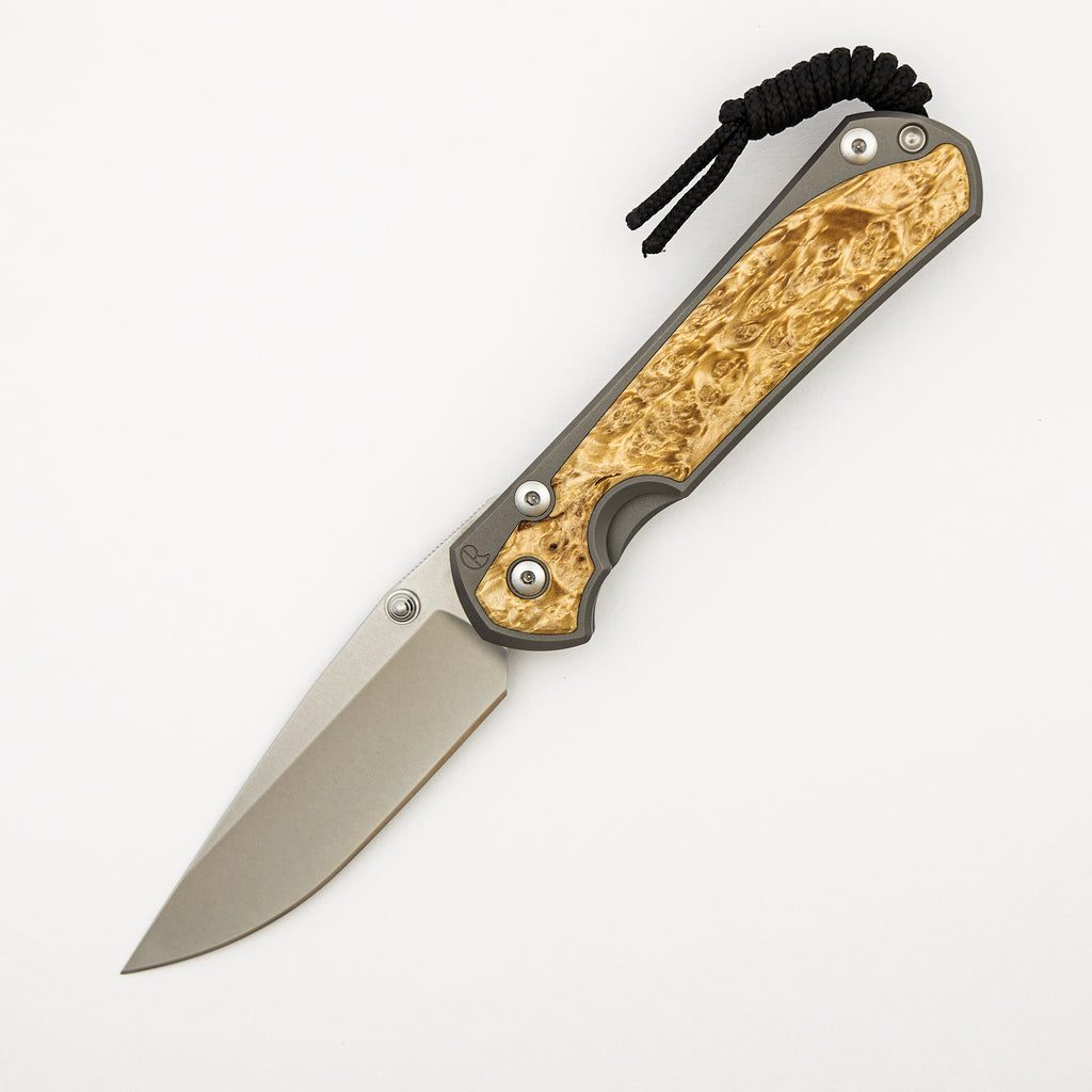 Large Sebenza 31 - Box Elder Inlay - Drop Point CPM MagnaCut Blade - Silver Double Thumb Lugs