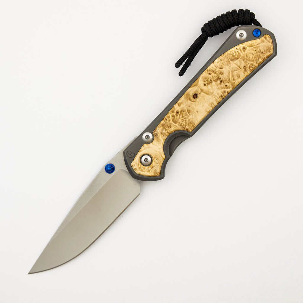 Large Sebenza 31 - Box Elder Inlay - Drop Point Polished CPM MagnaCut Blade - Blue Double Thumb Lugs