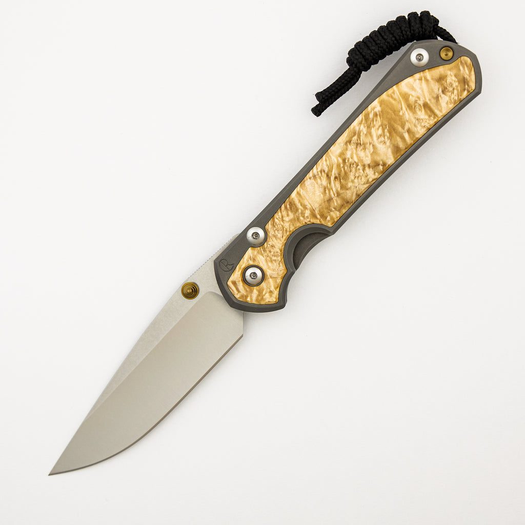 Large Sebenza 31 - Box Elder Inlay - Drop Point Polished CPM MagnaCut Blade - Gold Double Thumb Lugs
