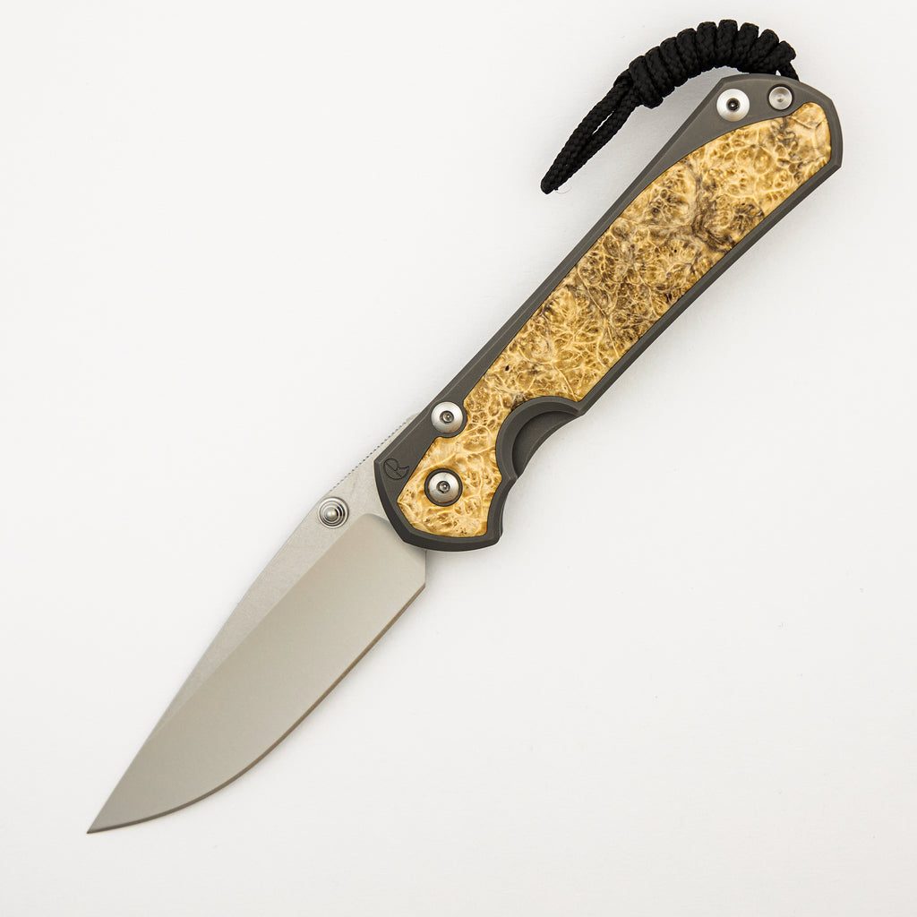 Large Sebenza 31 - Box Elder Inlay - Drop Point Polished CPM MagnaCut Blade - Silver Double Thumb Lugs