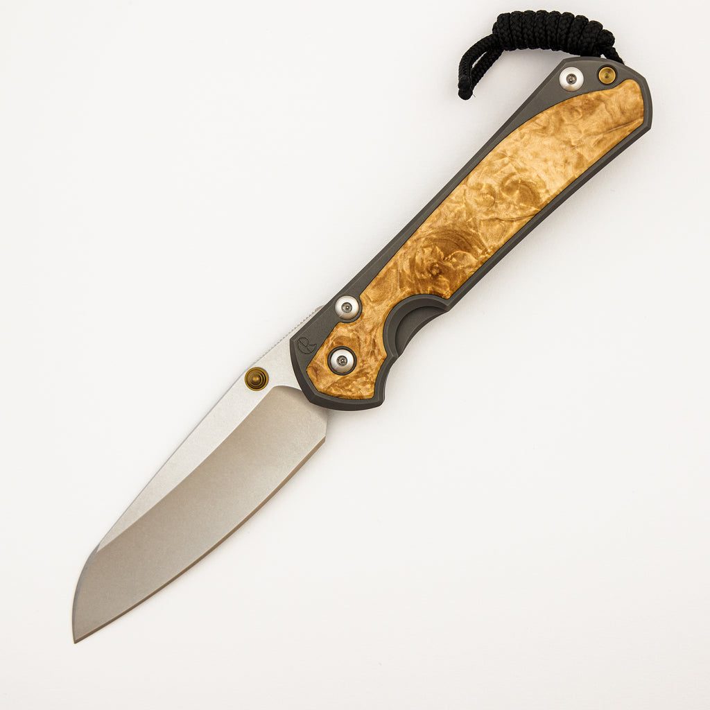 Large Sebenza 31 Box Elder Inlay - Insingo CPM MagnaCut Blade - Gold Double Thumb Lugs