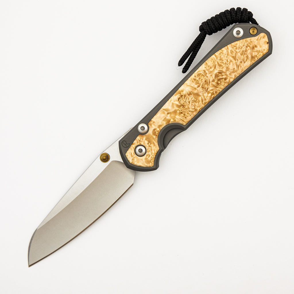 Large Sebenza 31 Box Elder Inlay - Insingo CPM MagnaCut Blade - Gold Double Thumb Lugs