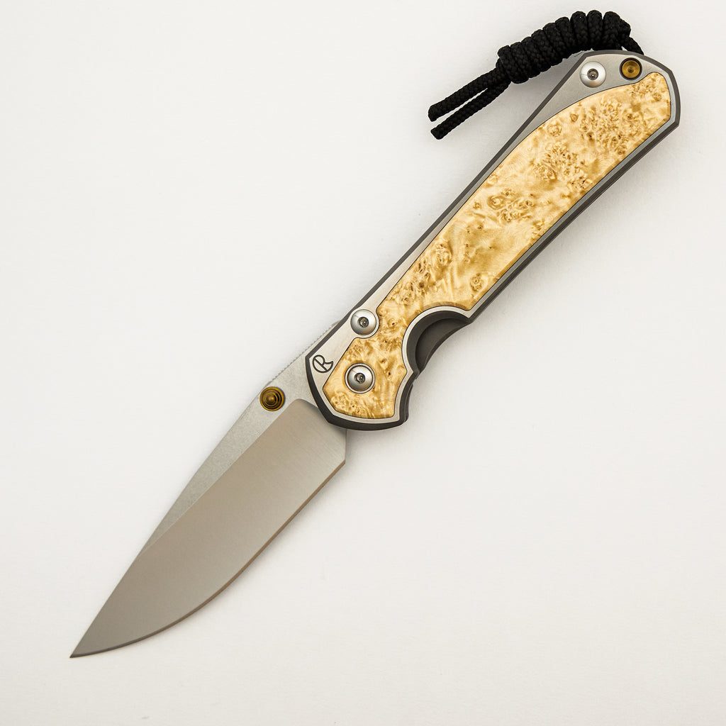 Large Sebenza 31 - Box Elder Inlay - Polished Drop Point CPM MagnaCut Blade - Gold Double Thumb Lugs