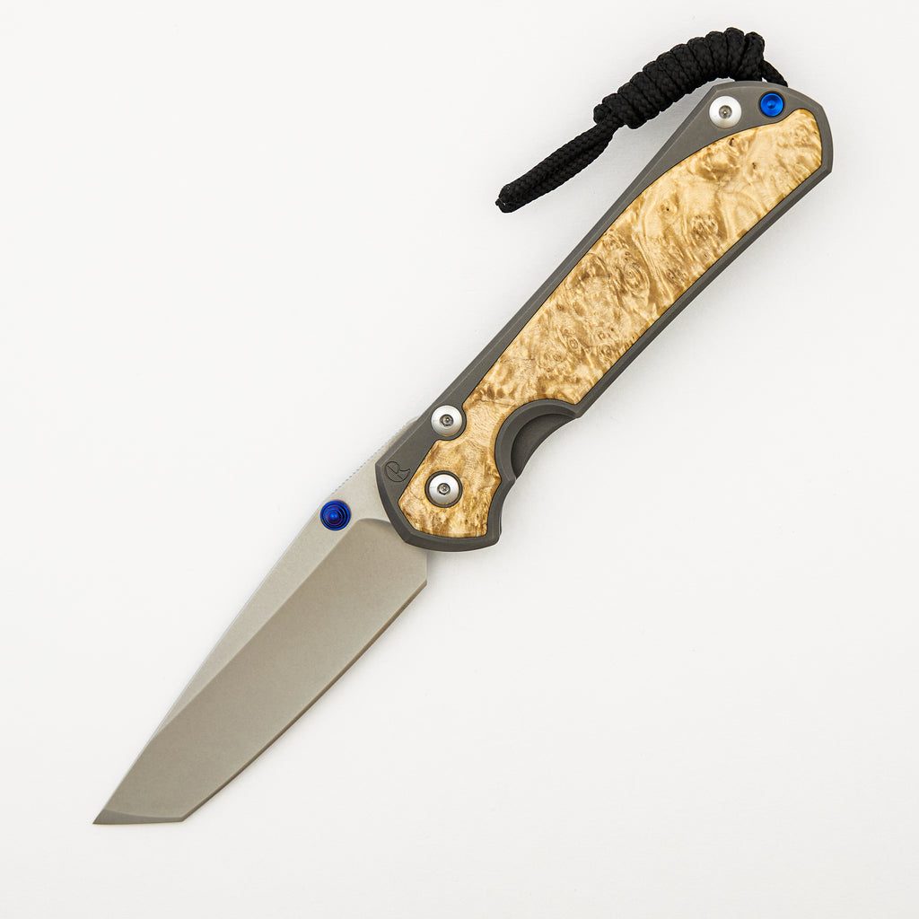 Large Sebenza 31 - Box Elder Inlay - Tanto CPM MagnaCut Blade - Blue Double Thumb Lugs