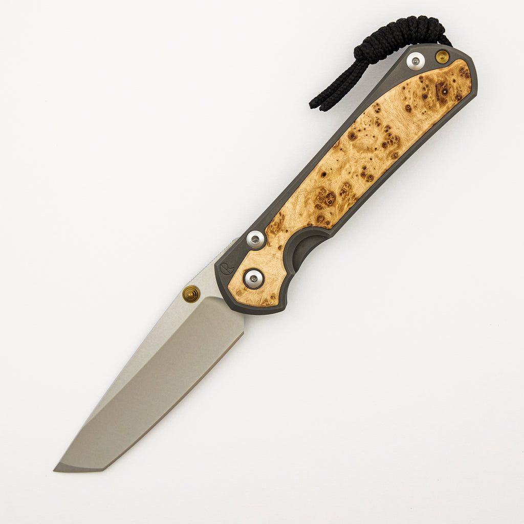 Large Sebenza 31 - Box Elder Inlay - Tanto CPM MagnaCut Blade - Gold Double Thumb Lugs