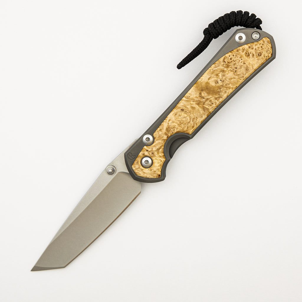Large Sebenza 31 - Box Elder Inlay - Tanto CPM MagnaCut Blade - Silver Double Thumb Lugs