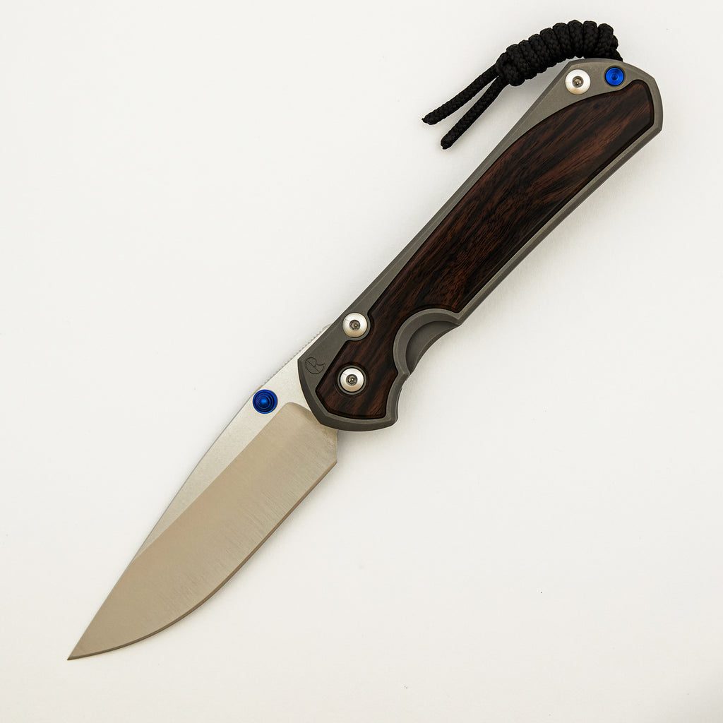 Large Sebenza 31 - Macassar Ebony Inlay - Drop Point Polished CPM MagnaCut Blade - Blue Double Thumb Lugs