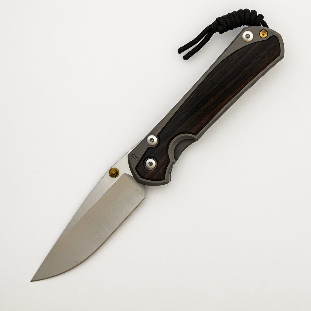Large Sebenza 31 - Macassar Ebony Inlay - Drop Point Polished CPM MagnaCut Blade - Gold Double Thumb Lugs