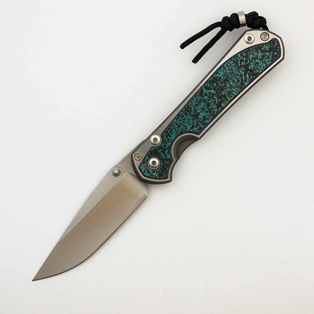 Large Sebenza 31 - Teal Magnetic CarboTi Inlay - Polished Drop Point CPM MagnaCut Blade - Silver Double Lugs - R1 Invitational 2025