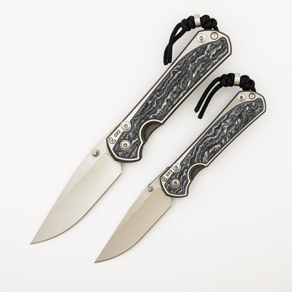Large & Small Sebenza 31 Numbered Matched Set - White CarboTi Inlay - Polished Drop Point CPM MagnaCut Blade - Silver Double Lugs