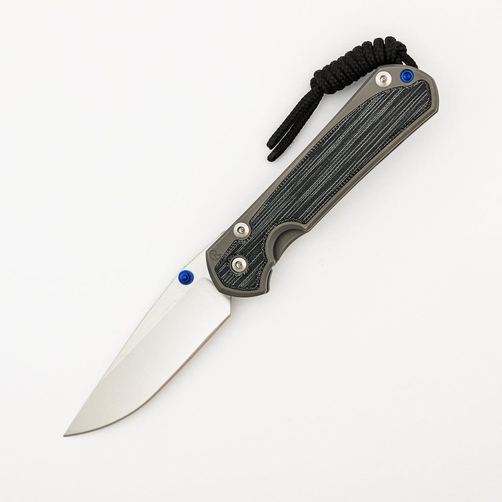 Small Sebenza 31 - Black Canvas Micarta Inlay - Polished Drop Point CPM MagnaCut Blade - Glass Blasted - Blue Double Thumb Lugs