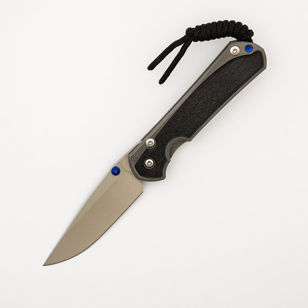 Small Sebenza 31 - Bog Oak Inlay - Drop Point Polished CPM MagnaCut Blade - Blue Double Thumb Lugs