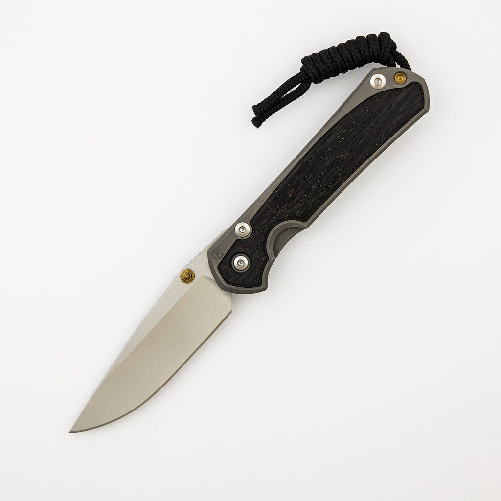 Small Sebenza 31 - Bog Oak Inlay - Drop Point Polished CPM MagnaCut Blade - Gold Double Thumb Lugs