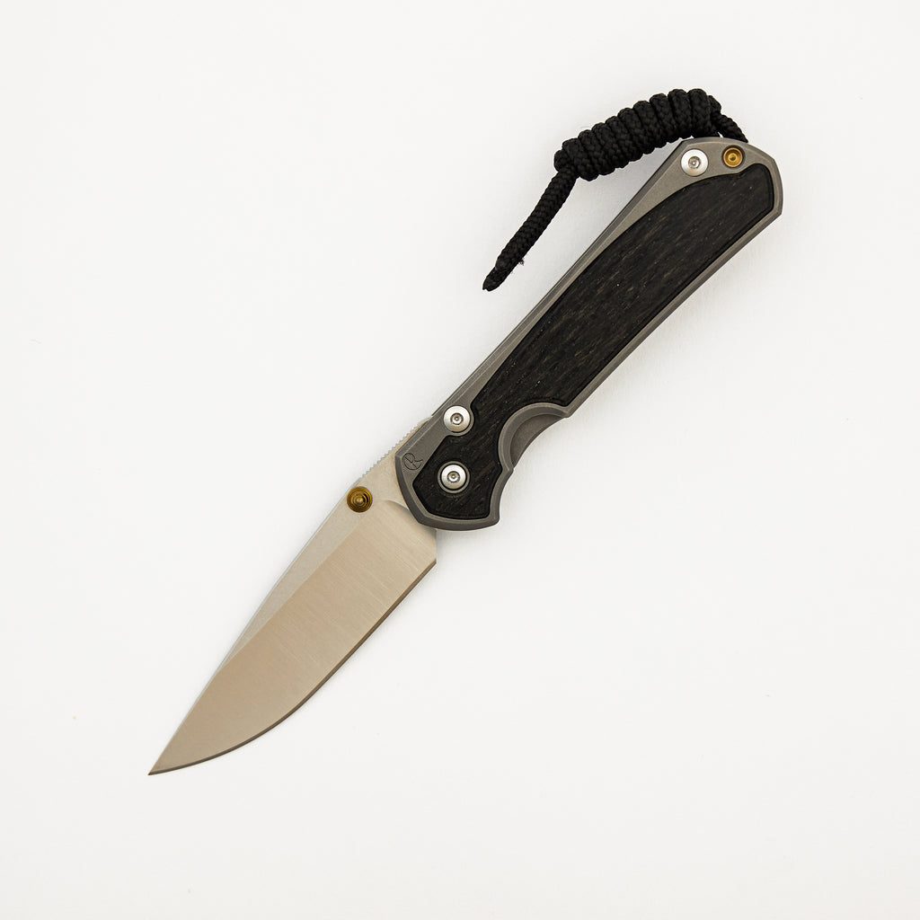 Small Sebenza 31 - Bog Oak Inlay - Drop Point Polished CPM MagnaCut Blade - Gold Single Thumb Lug