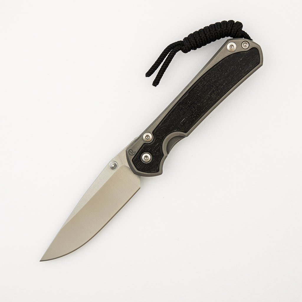 Small Sebenza 31 - Bog Oak Inlay - Drop Point Polished CPM MagnaCut Blade - Silver Double Thumb Lugs