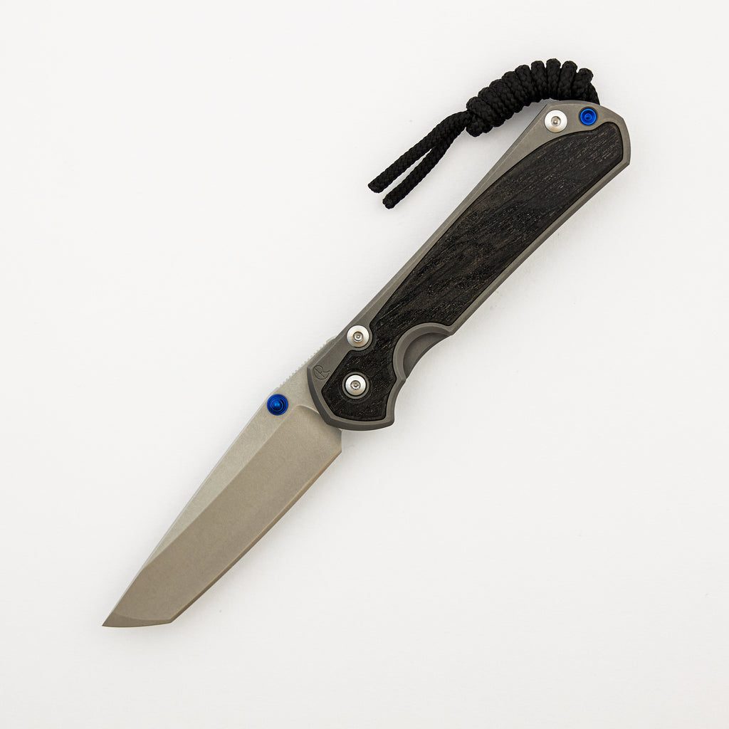 Small Sebenza 31 - Bog Oak Inlay - Tanto CPM MagnaCut Blade - Blue Double Thumb Lugs