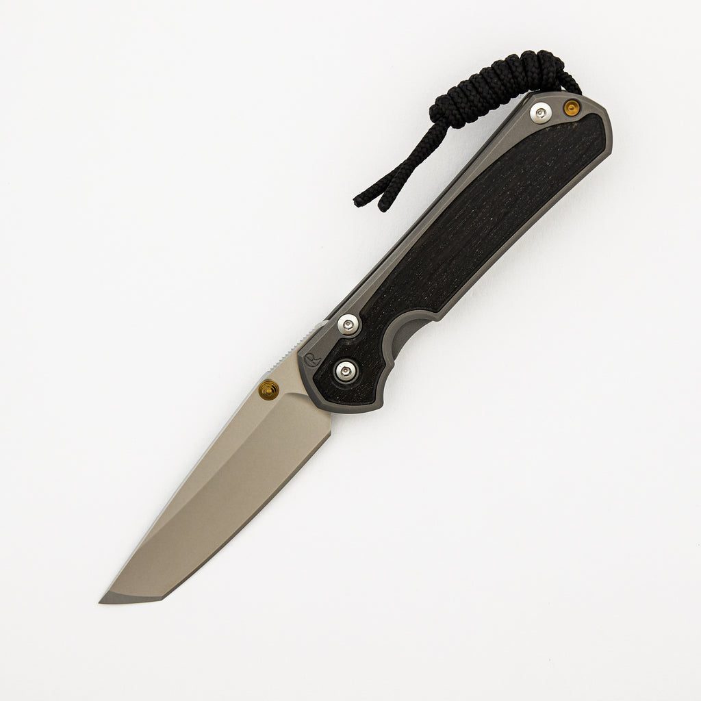 Small Sebenza 31 - Bog Oak Inlay - Tanto CPM MagnaCut Blade - Gold Double Thumb Lugs