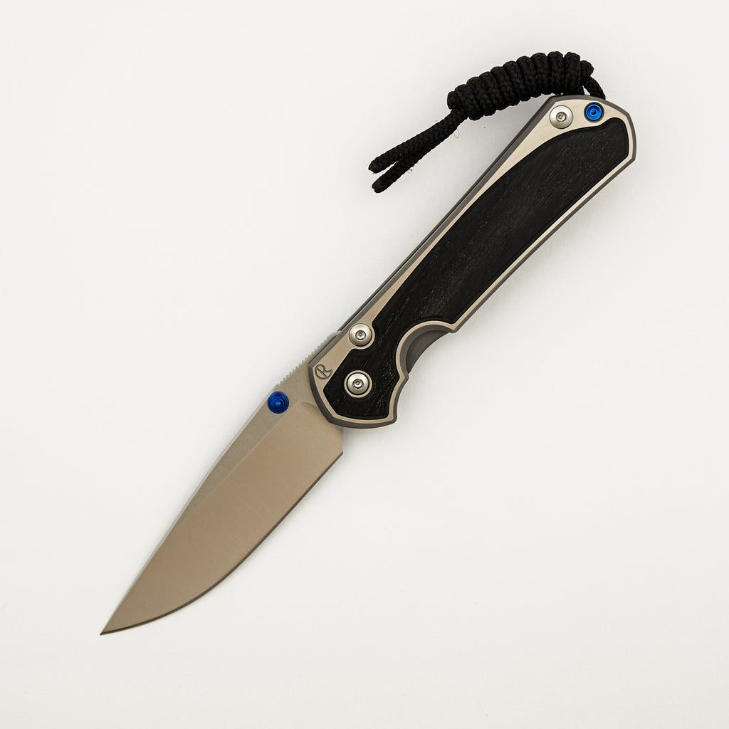 Small Sebenza 31 - Bog Oak Inlay W/ Polished Handle - Drop Point Polished CPM MagnaCut Blade - Blue Double Thumb Lugs
