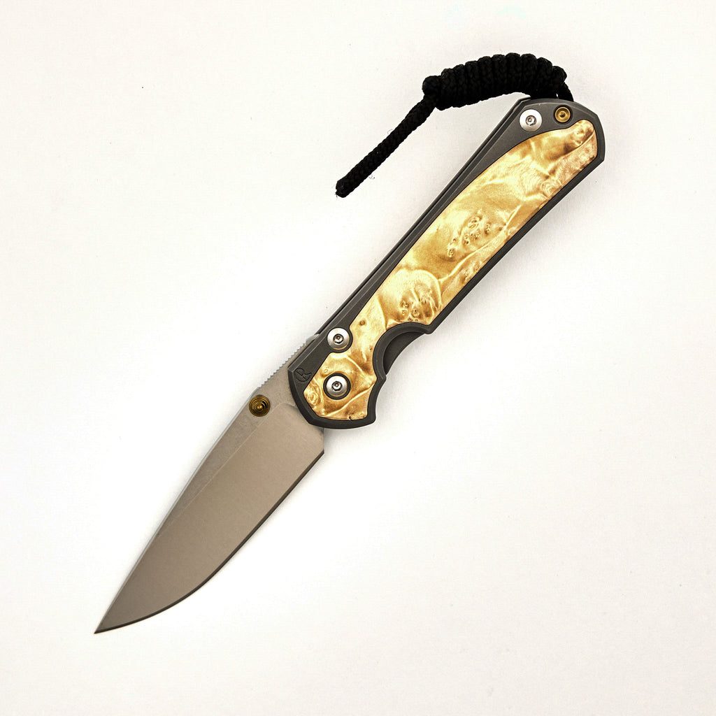Small Sebenza 31 - Box Elder Inlay - Drop Point Polished CPM MagnaCut Blade - Gold Double Thumb Lugs